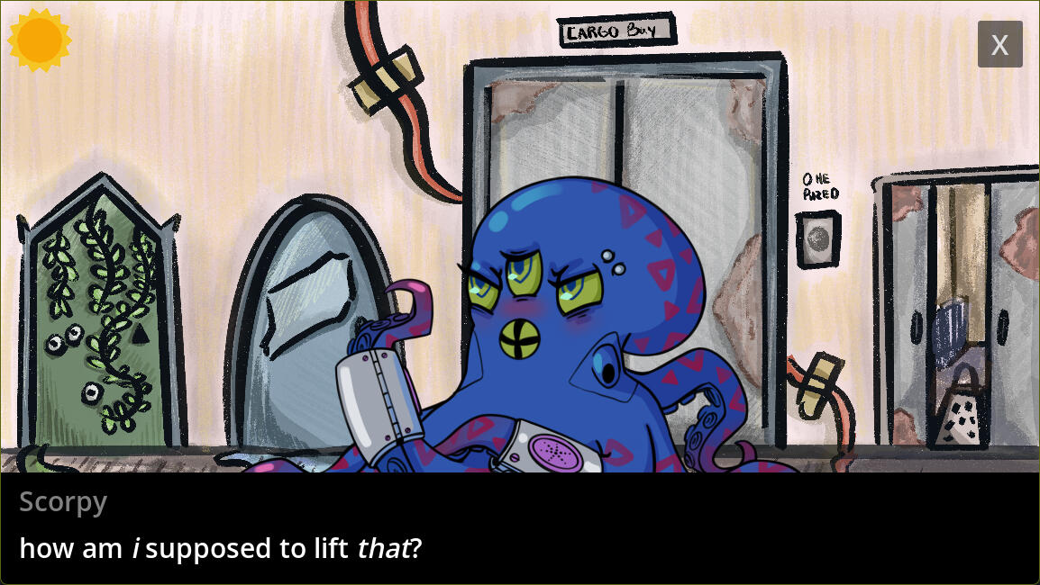 A screenshot from the upcoming Cosmic Co-Op. Character Art by Alex Luong. Background Art by Reese Cilley.